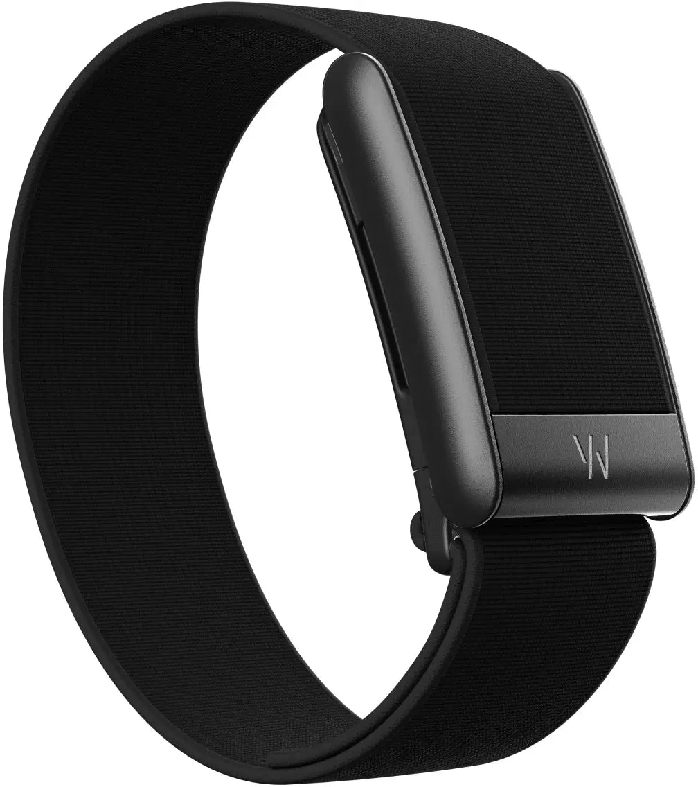 Black smartwatch with a black band on a white background