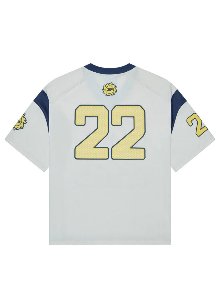 White sports jersey with yellow numbers and accents on a white background