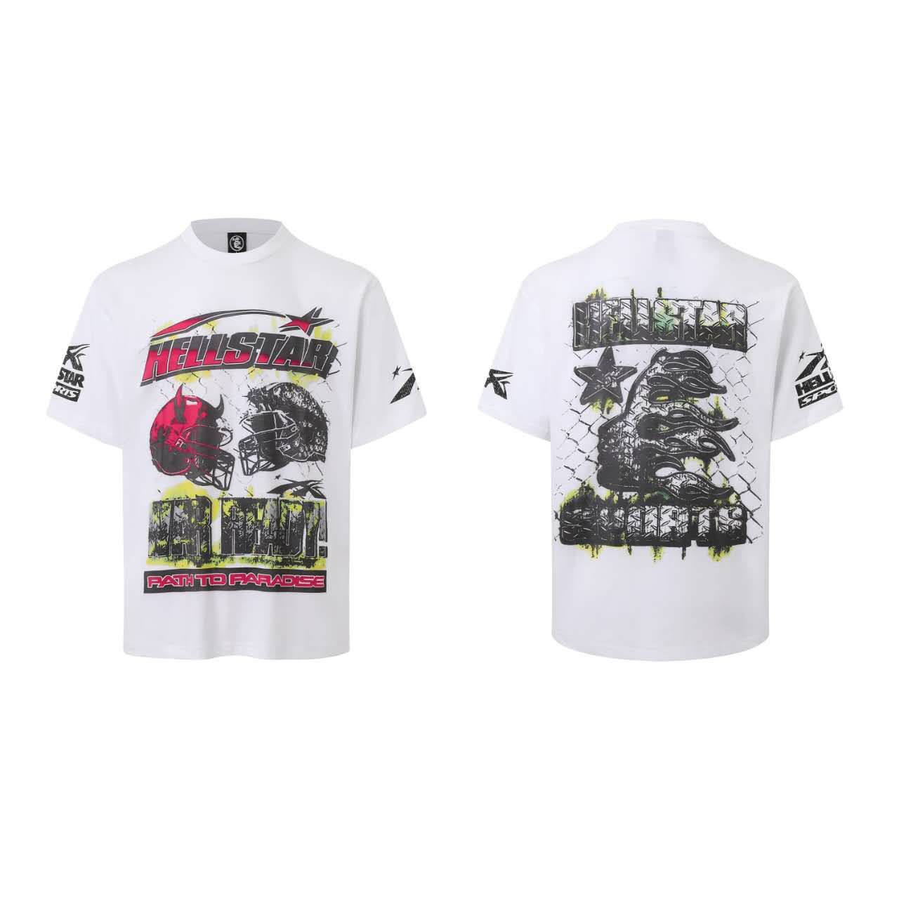 White t-shirt with graphic designs and text on a white background
