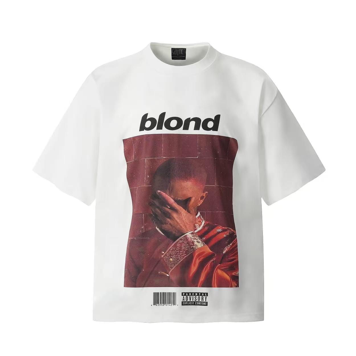 White t-shirt with a graphic design and 'blond' text on a white background