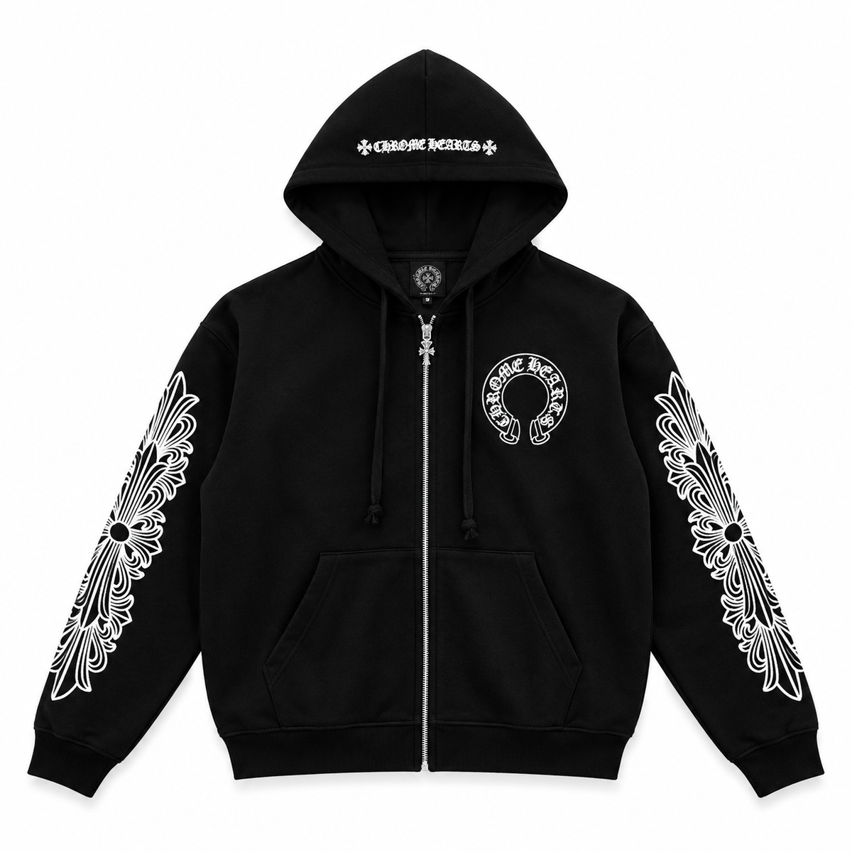 A black full-zip hoodie with white graphic prints, featuring a horseshoe logo on the left chest, white text on the hood, and intricate floral sleeve patterns, shown against a plain white background.
