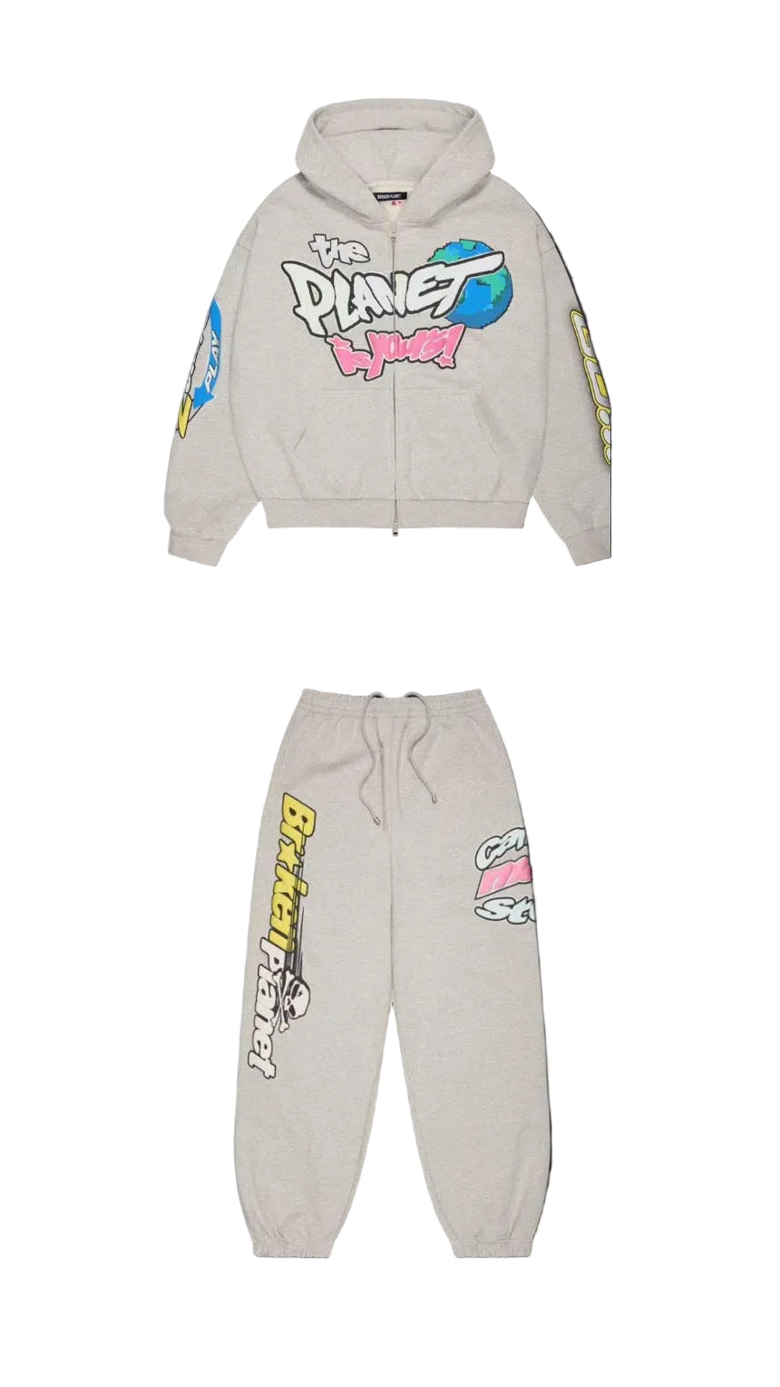 Gray hoodie and sweatpants set with colorful graphics on a black background