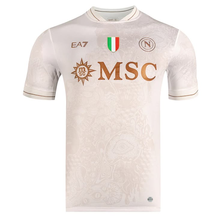 Beige sports jersey with logos on a white background