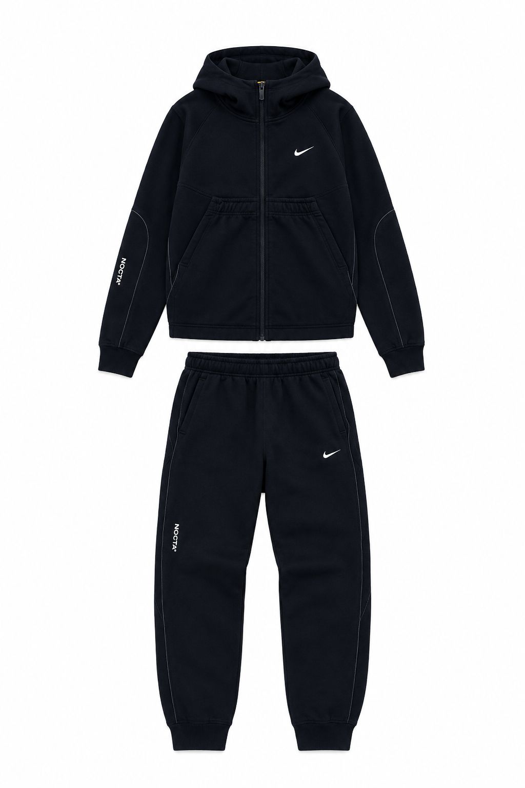 A two-piece kids' tracksuit set in black, featuring a zip-up hooded sweatshirt and matching jogger pants, both with white Nike swoosh logos and sleeve text, displayed on a solid white background.