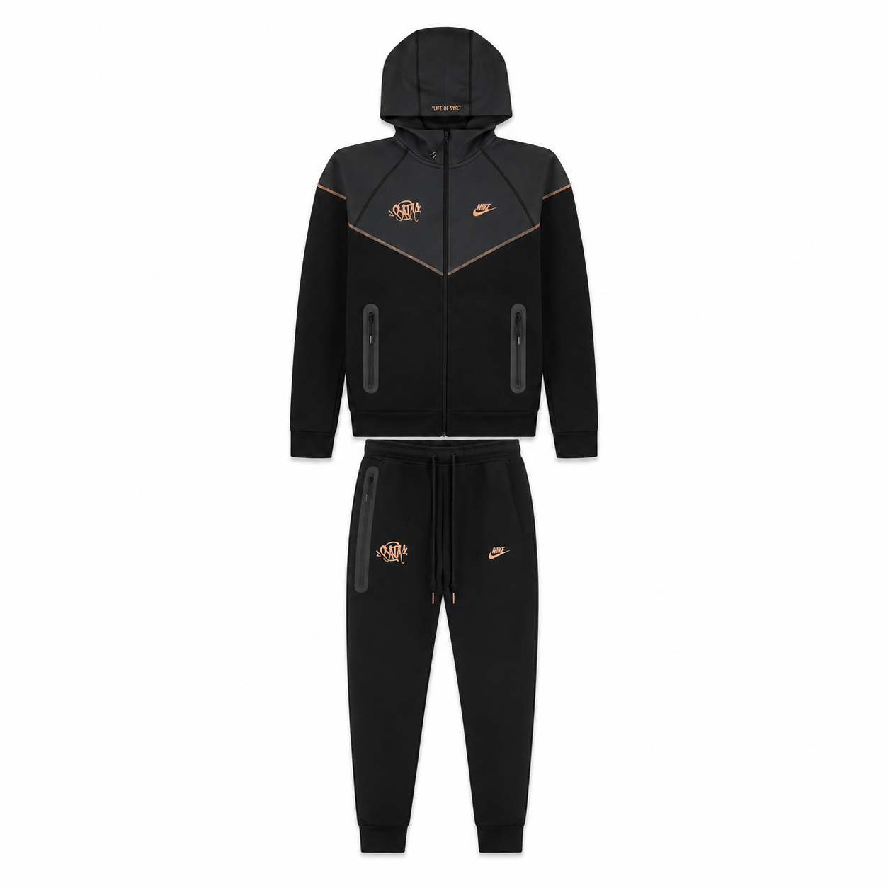A black Nike tracksuit set featuring a zip-up hoodie and matching sweatpants, with gold and white logo details on a plain white background.