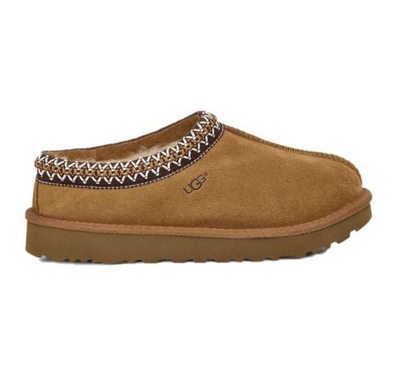 Brown UGG slipper with decorative band on a white background