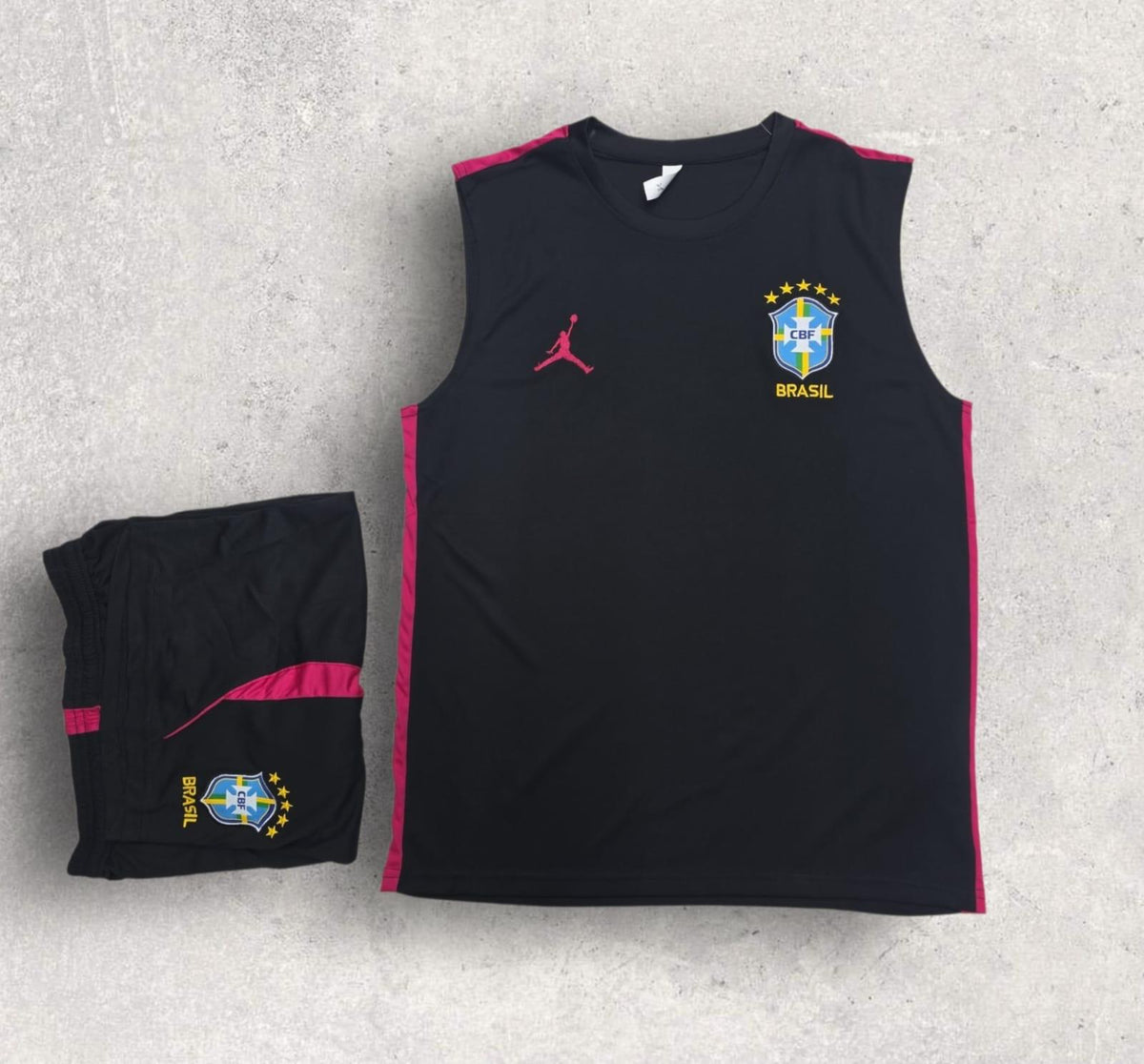 Brazil Black Sleeveless Training Set – Jordan Pink Trim Vest & Shorts