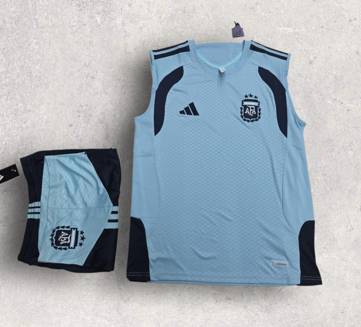Argentina Sky Blue Ornate Print Sleeveless Training Set – AFA Vest & Shorts