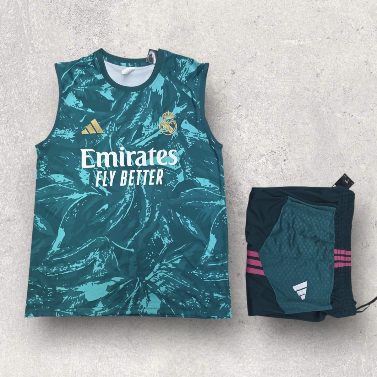 Real Madrid Teal Sleeveless Training Set – Pink Trim Vest & Shorts