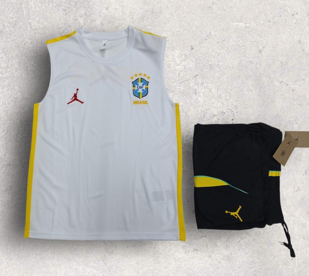 Brazil White Sleeveless Training Set – Jordan Yellow Trim Vest & Shorts