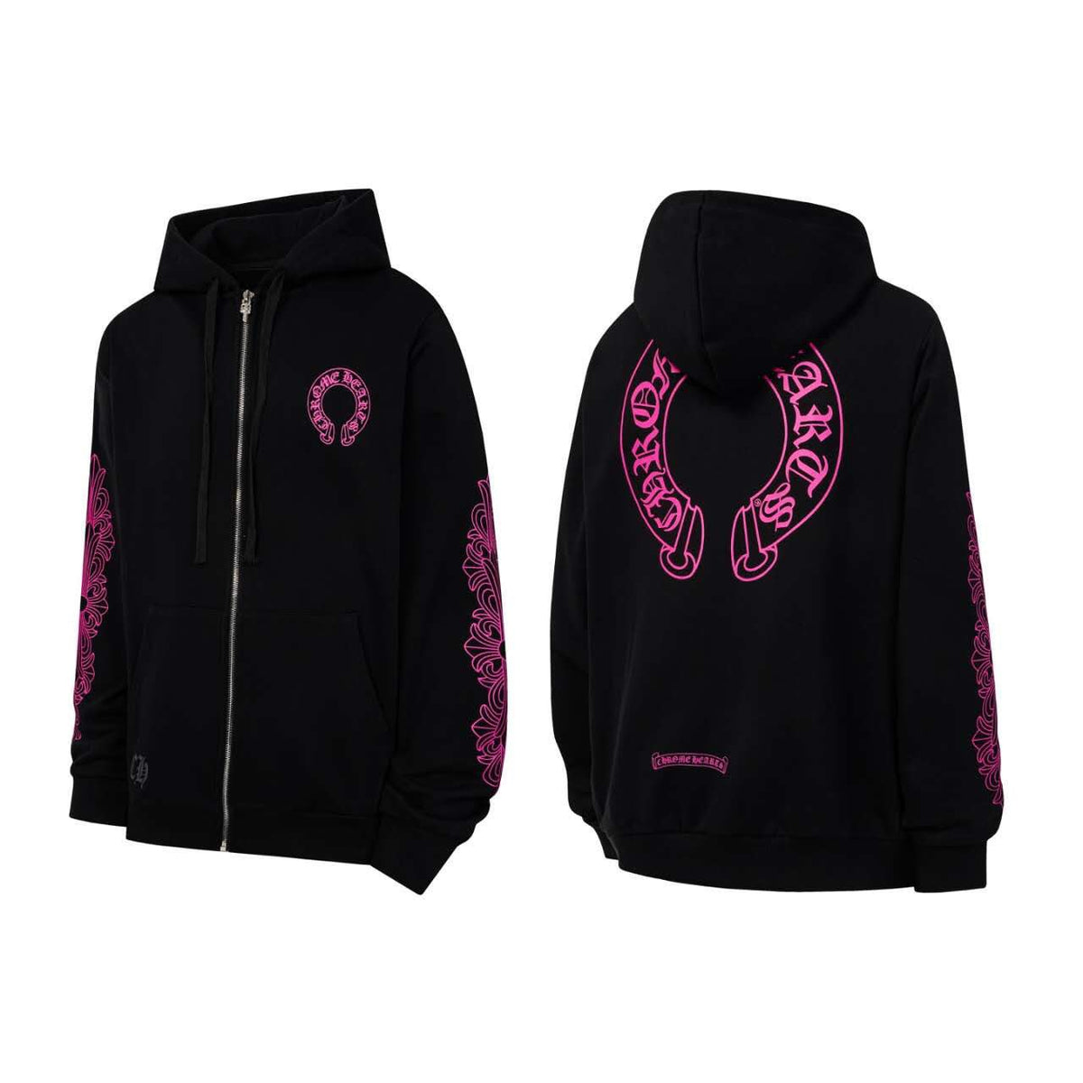 Chrome Hearts Zip Up Hoodie - Black/Neon Pink front and back
