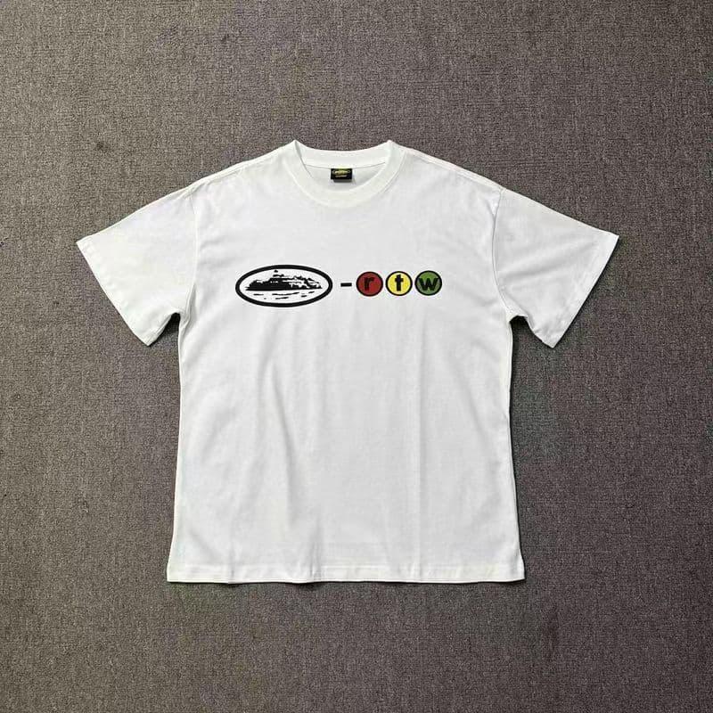 White t-shirt with a graphic design on a gray background