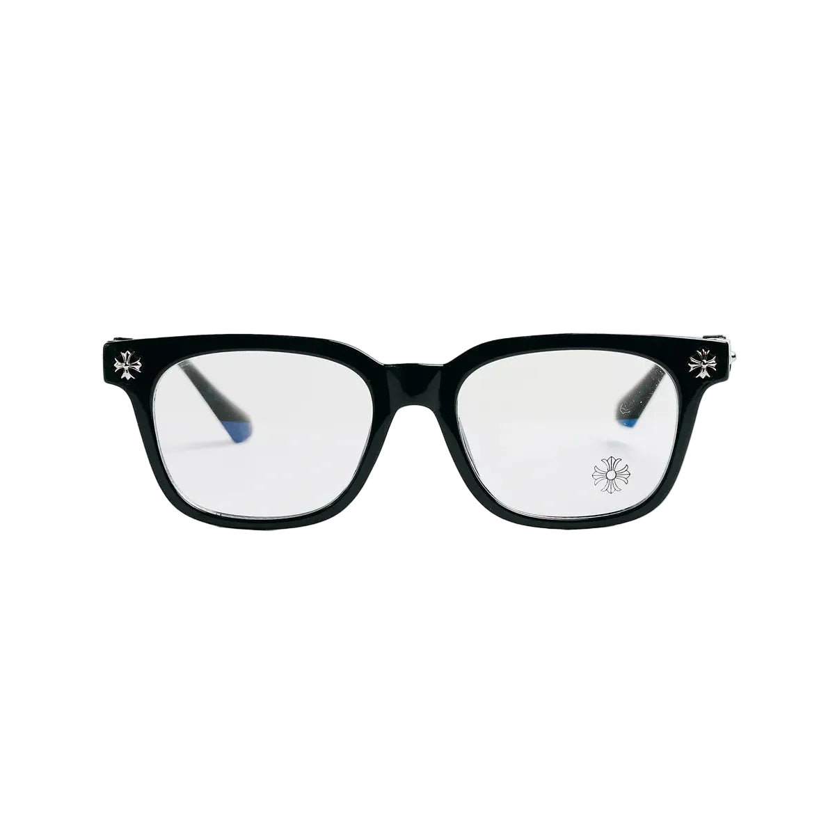 Black eyeglasses with decorative elements on a light gray background