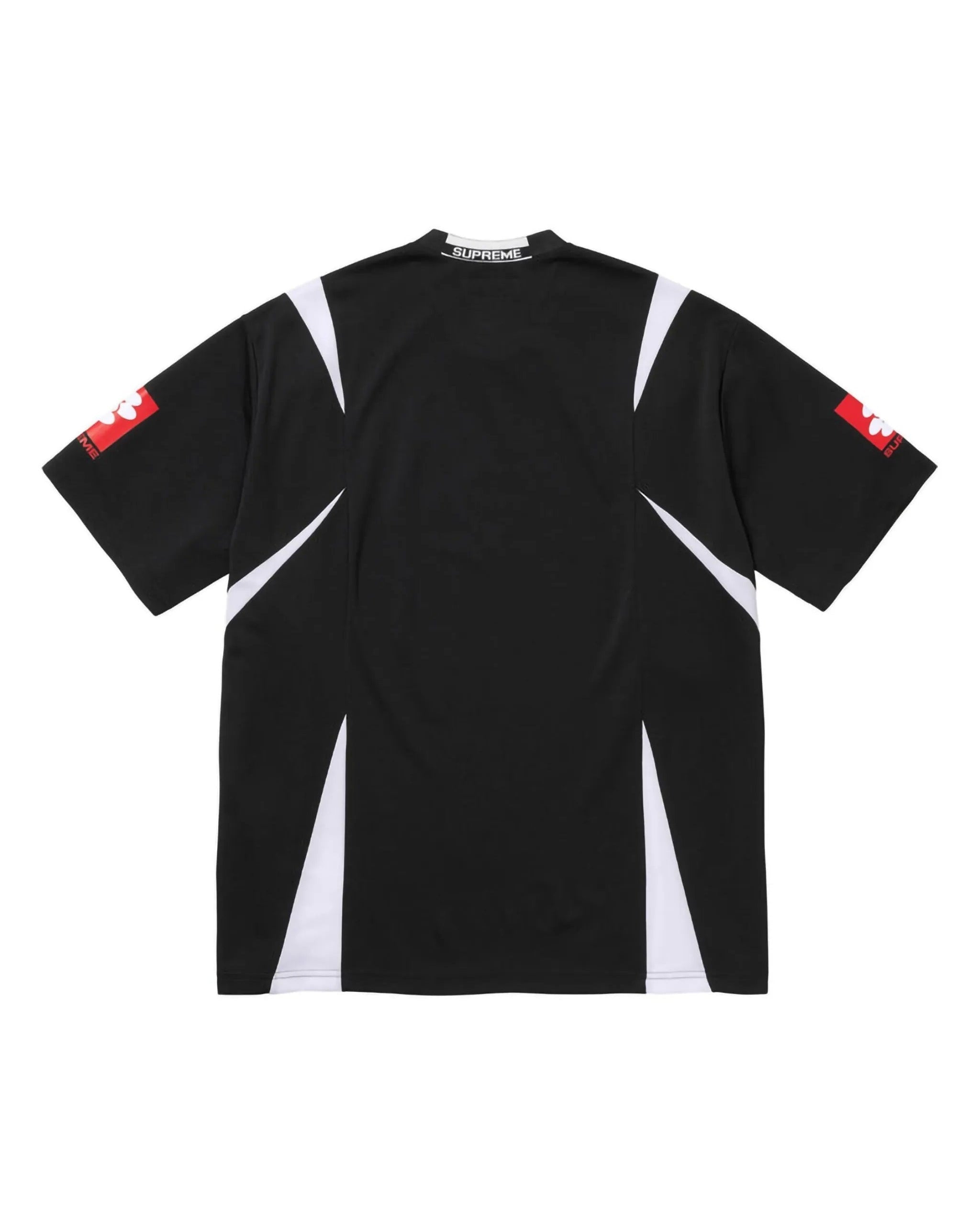 Black sports jersey with white accents and red logos on sleeves against a white background