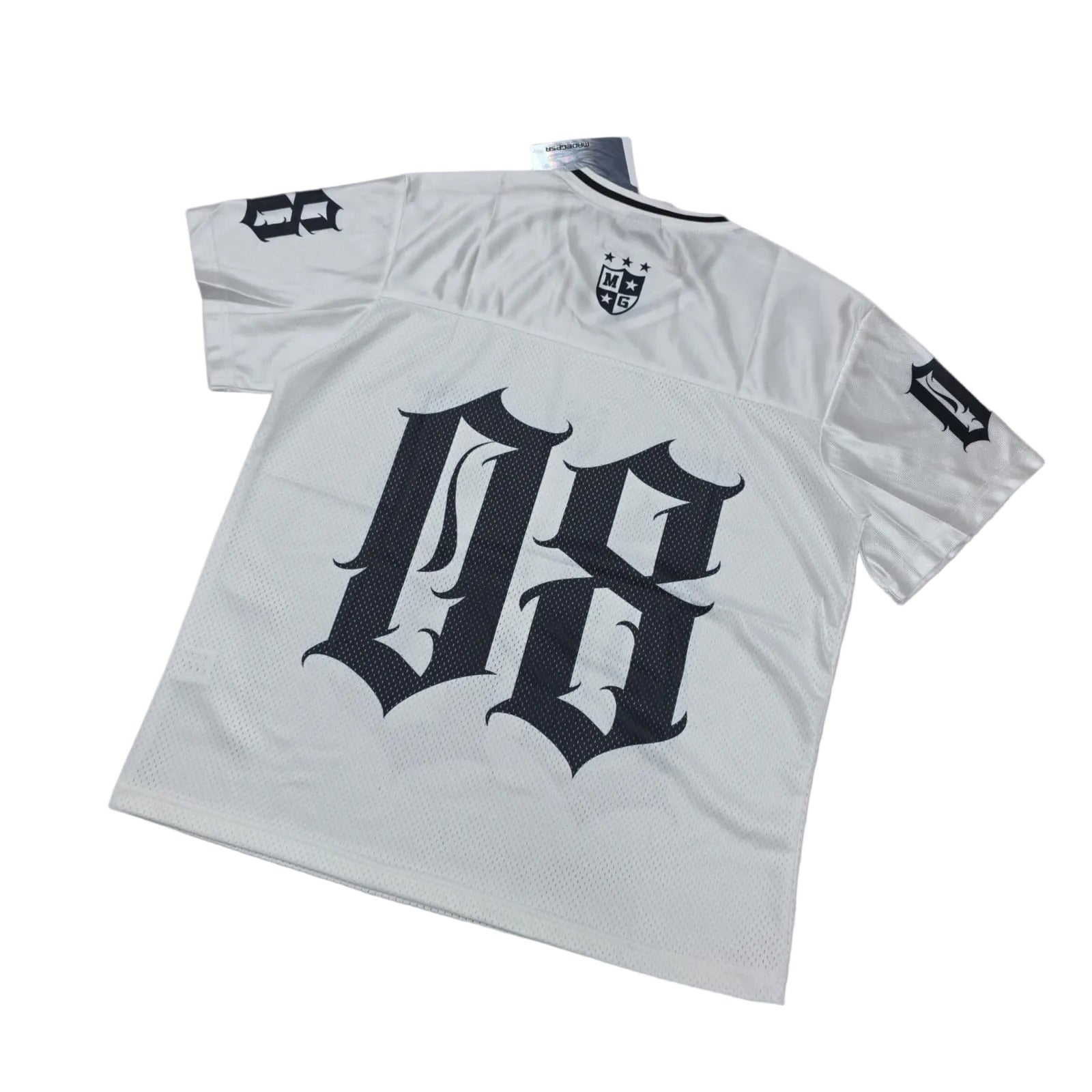 Light gray sports jersey with black lettering on a light whi backgrounde