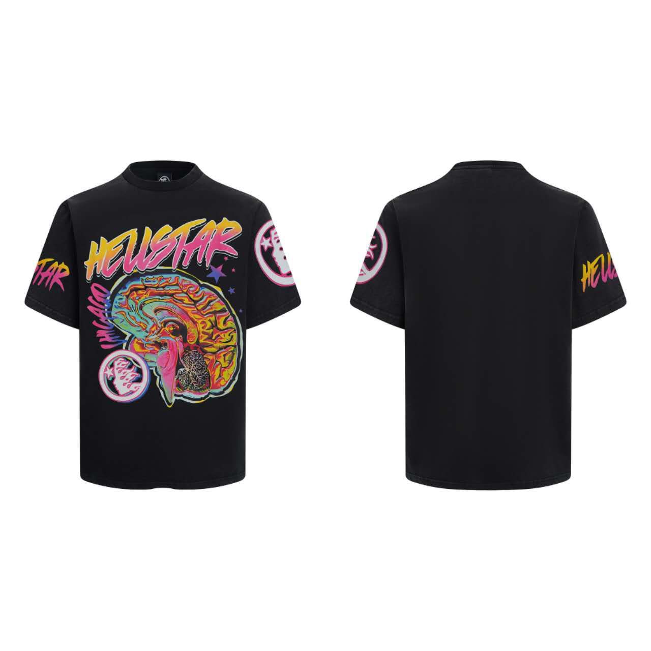 Black t-shirt with colorful graphic design on a white background