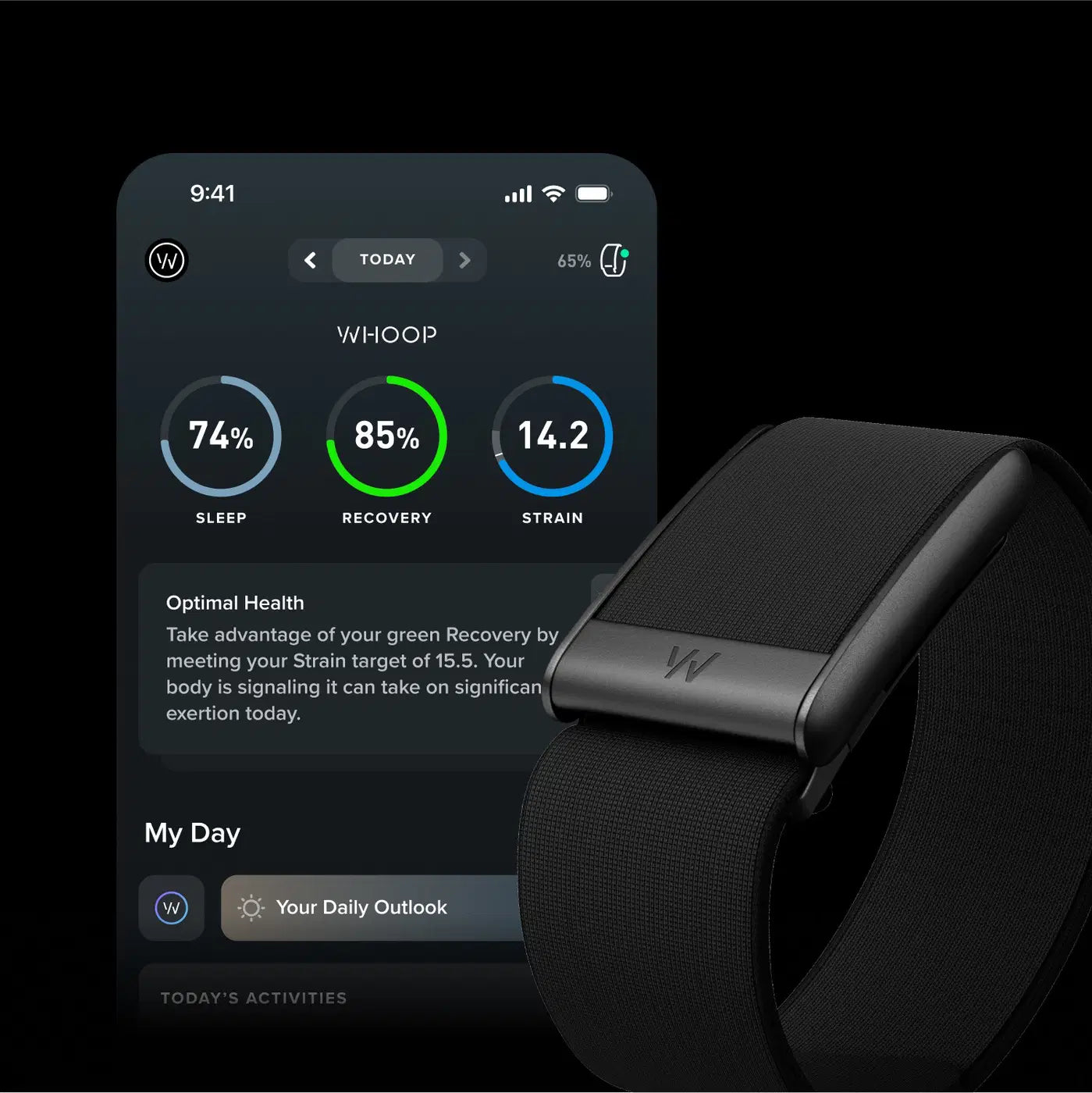 A black smartwatch with a textured strap and a metallic bezel featuring a white 'W' logo, shown alongside a smartphone screen displaying its companion app interface with sleep, recovery, and strain metrics.