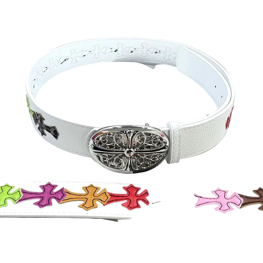 White belt with decorative buckle on a magazine background