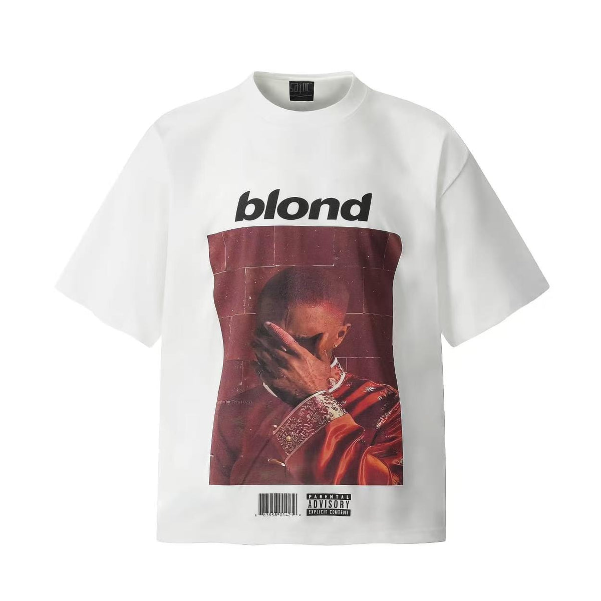 White t-shirt with a graphic design and 'blond' text on a white background