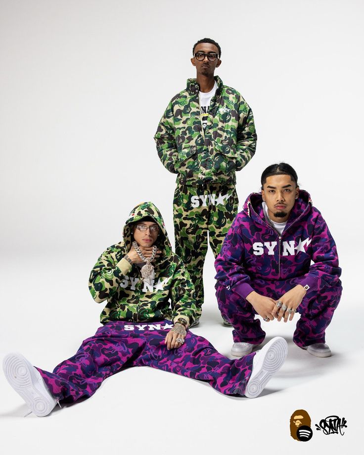 Syna World x Bape campaign - Central Cee wearing Camo Green and Purple sets