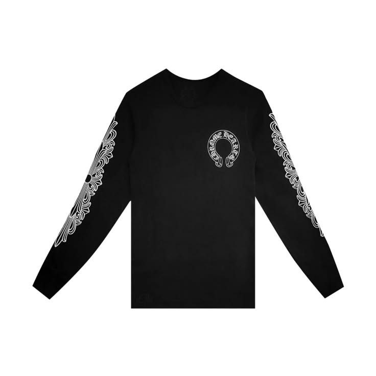 A black long-sleeve t-shirt with a white horseshoe graphic on the left chest and intricate white scrollwork patterns running down both sleeves, shown against a plain white background.