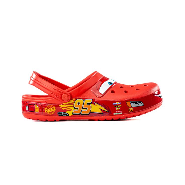 Red sandal with character design on a white background