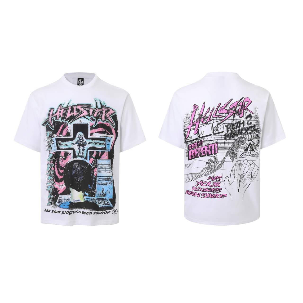 White t-shirt with graphic designs on front and back, featuring the brand 'Hellstar'.