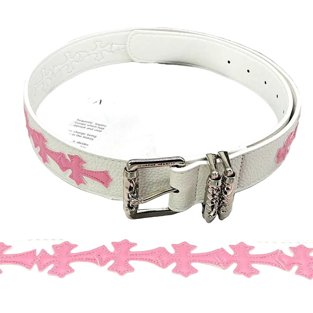 White belt with pink ribbon design on a white background