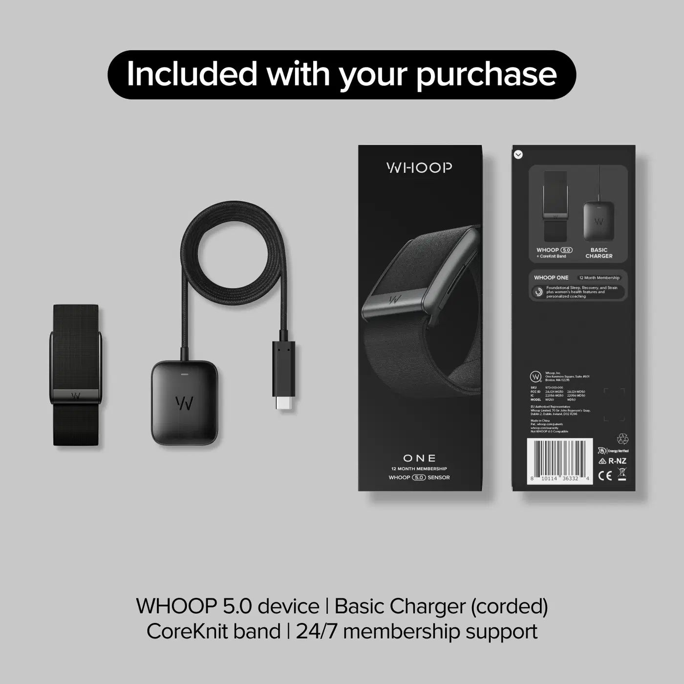 WHOOP ONE fitness tracker set including a black CoreKnit band, a black charging cable, and their retail packaging on a light gray background with text indicating it is included with the purchase.