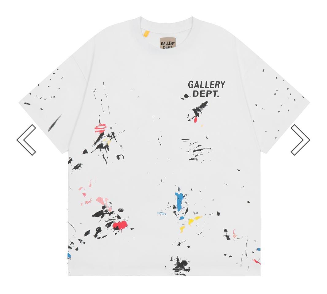 White t-shirt with colorful splatter design and 'GALLERY DEPT.' branding on a white background