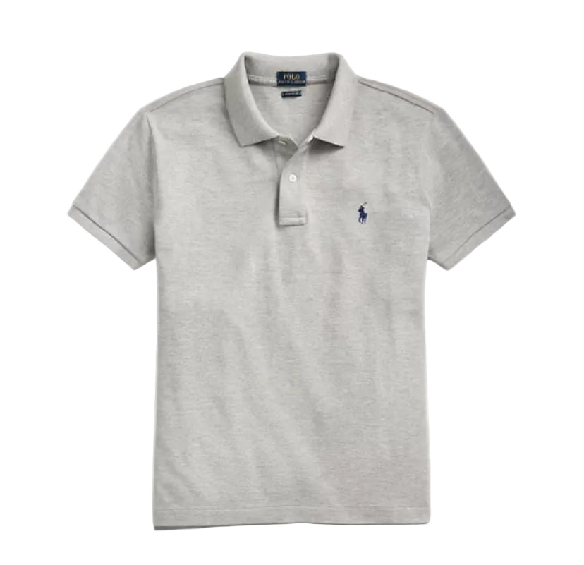 Grey polo shirt with a small logo on a white background