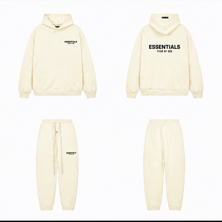 Four-piece cream-colored hoodie and sweatpants set displayed on a white background, featuring black text graphics including 'ESSENTIALS' on the chest.