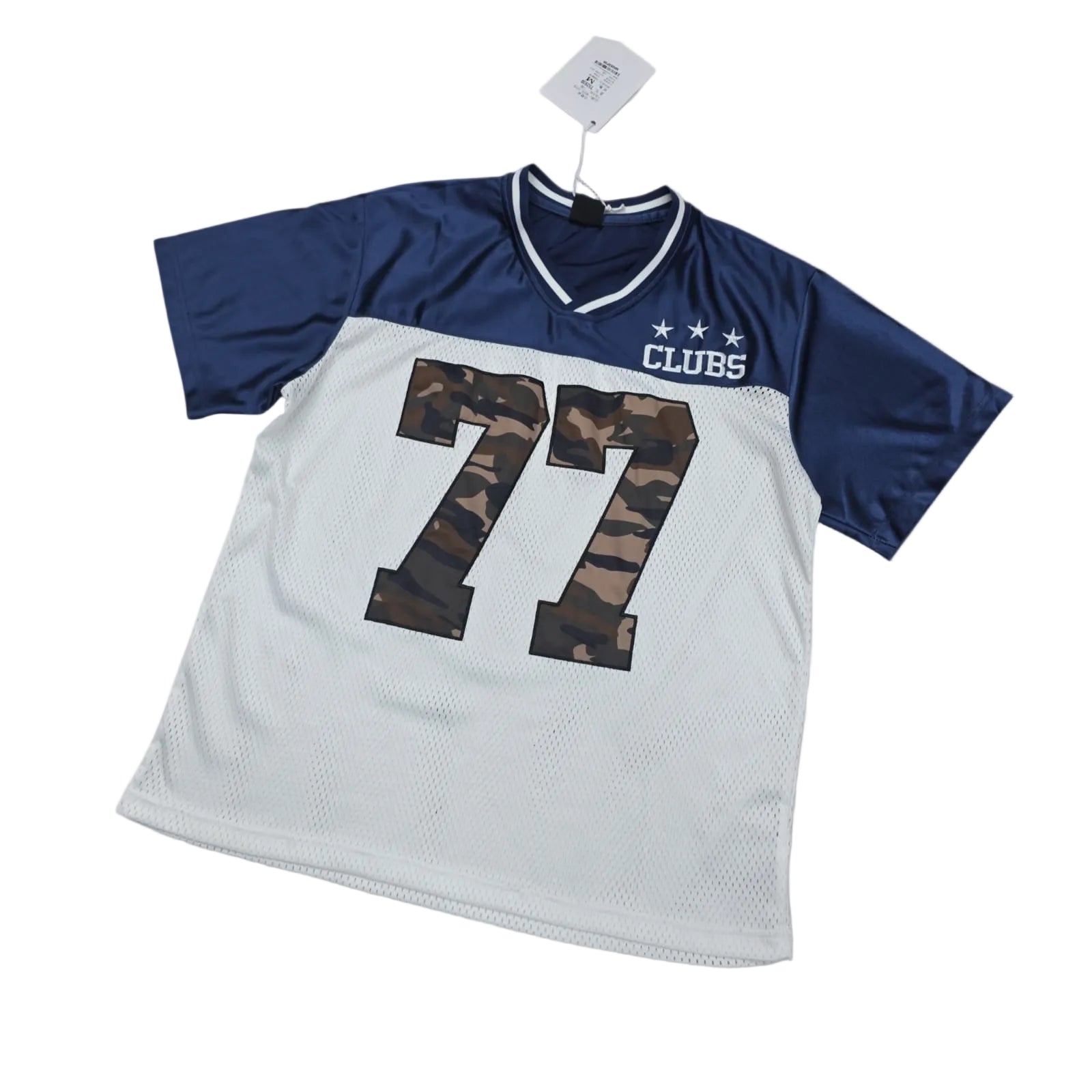 Baseball jersey with camouflage number 77 on a light pink background