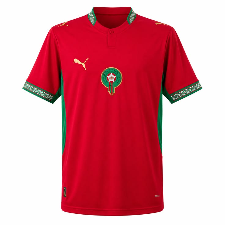 A red Morocco national football team home jersey by Puma, featuring green and white patterned trim on the collar and cuffs, with the Moroccan crest on the chest.