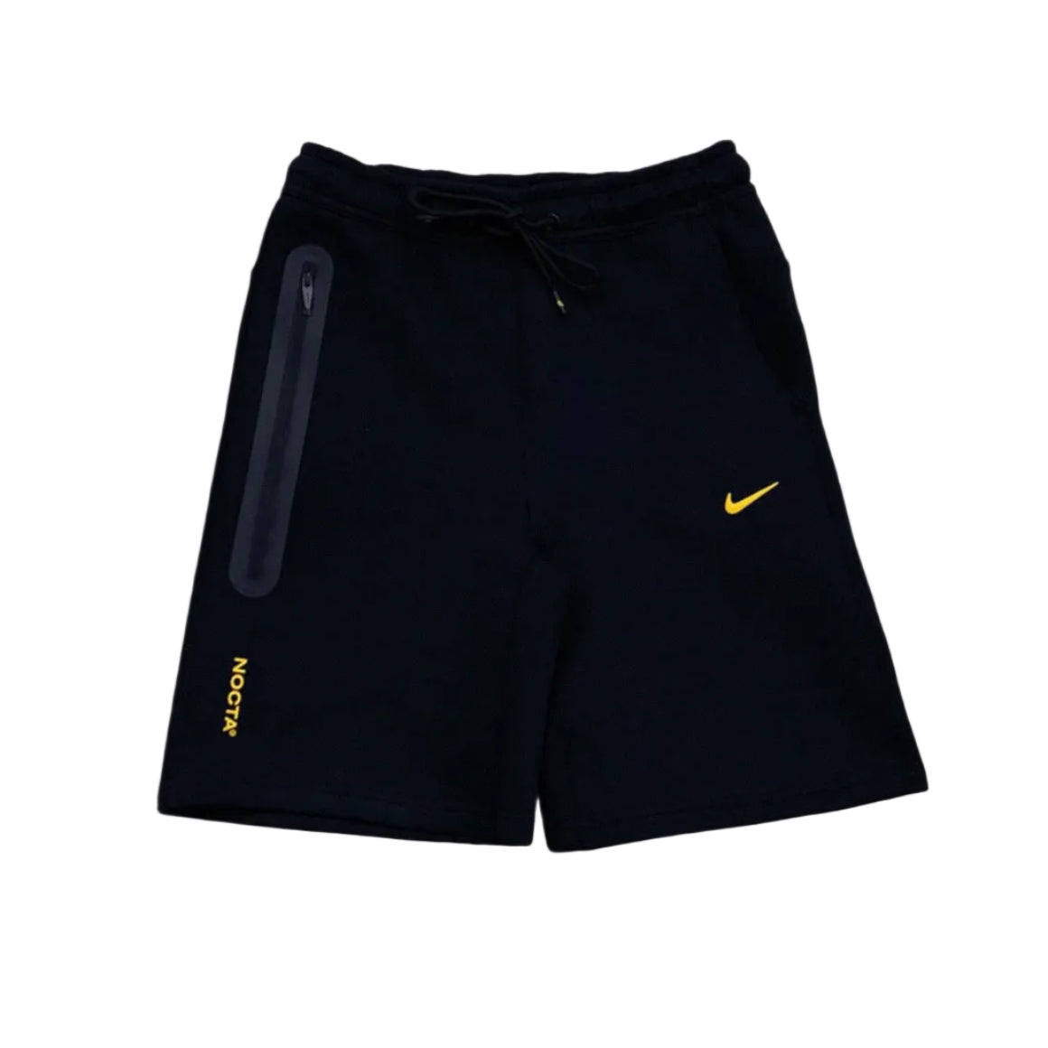 Black shorts with a yellow logo on a gray background