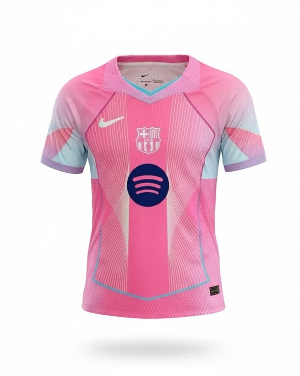 Pink soccer jersey with Nike and FC Barcelona logos on a white background