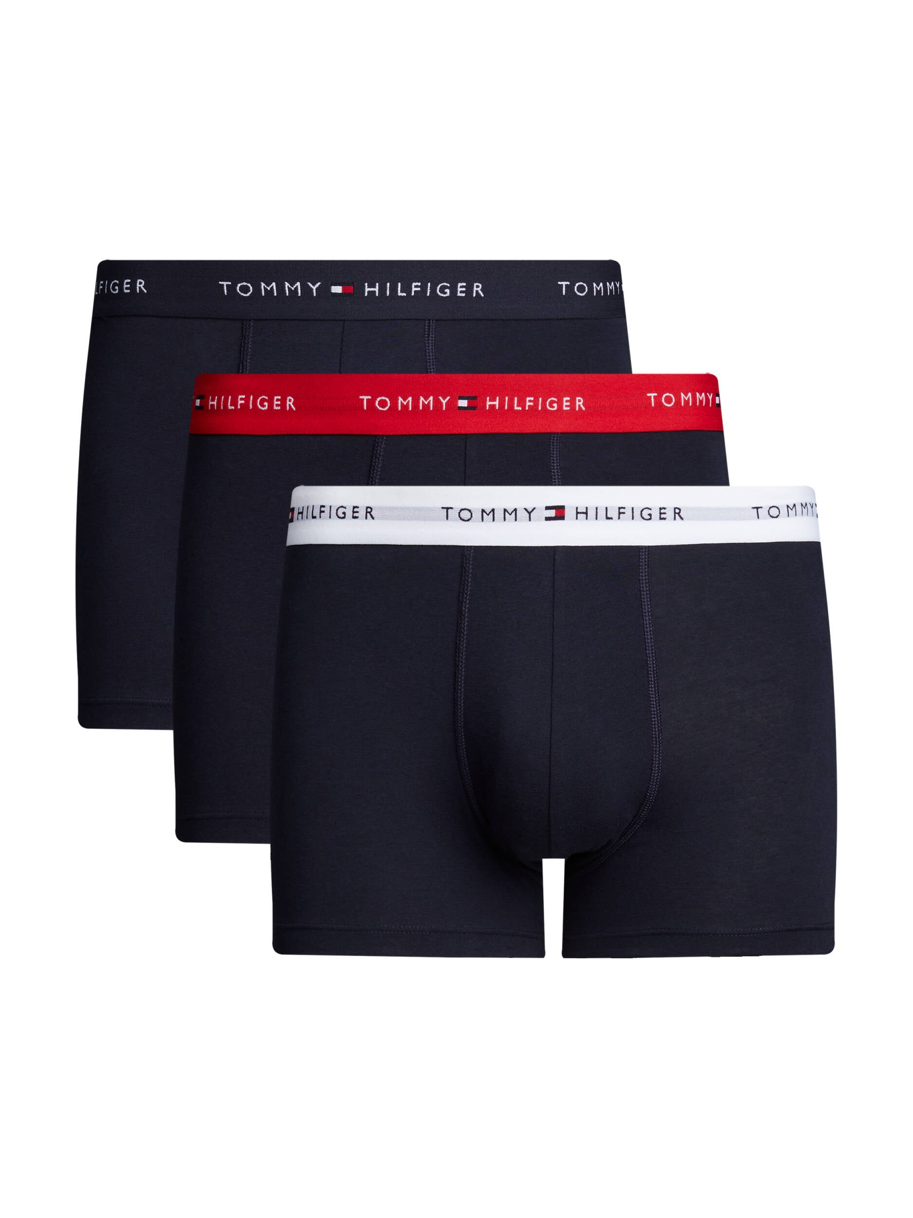Two pairs of Tommy Hilfiger men's boxer briefs with different colored waistbands on a white background.