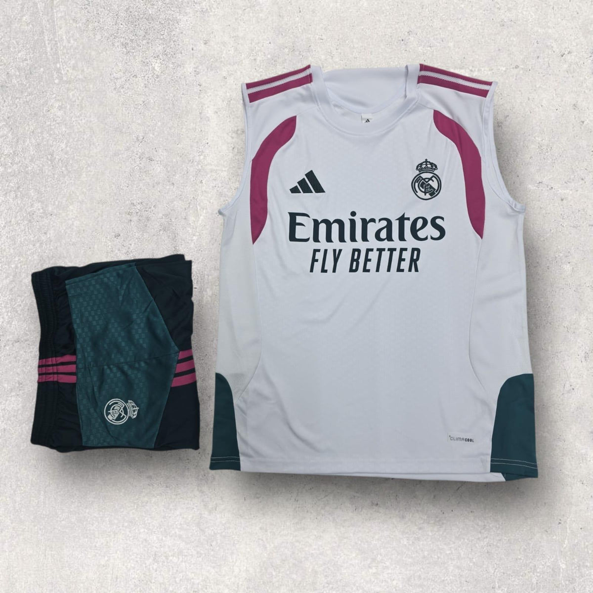 Real Madrid White Sleeveless Training Set – Pink Vest & Shorts