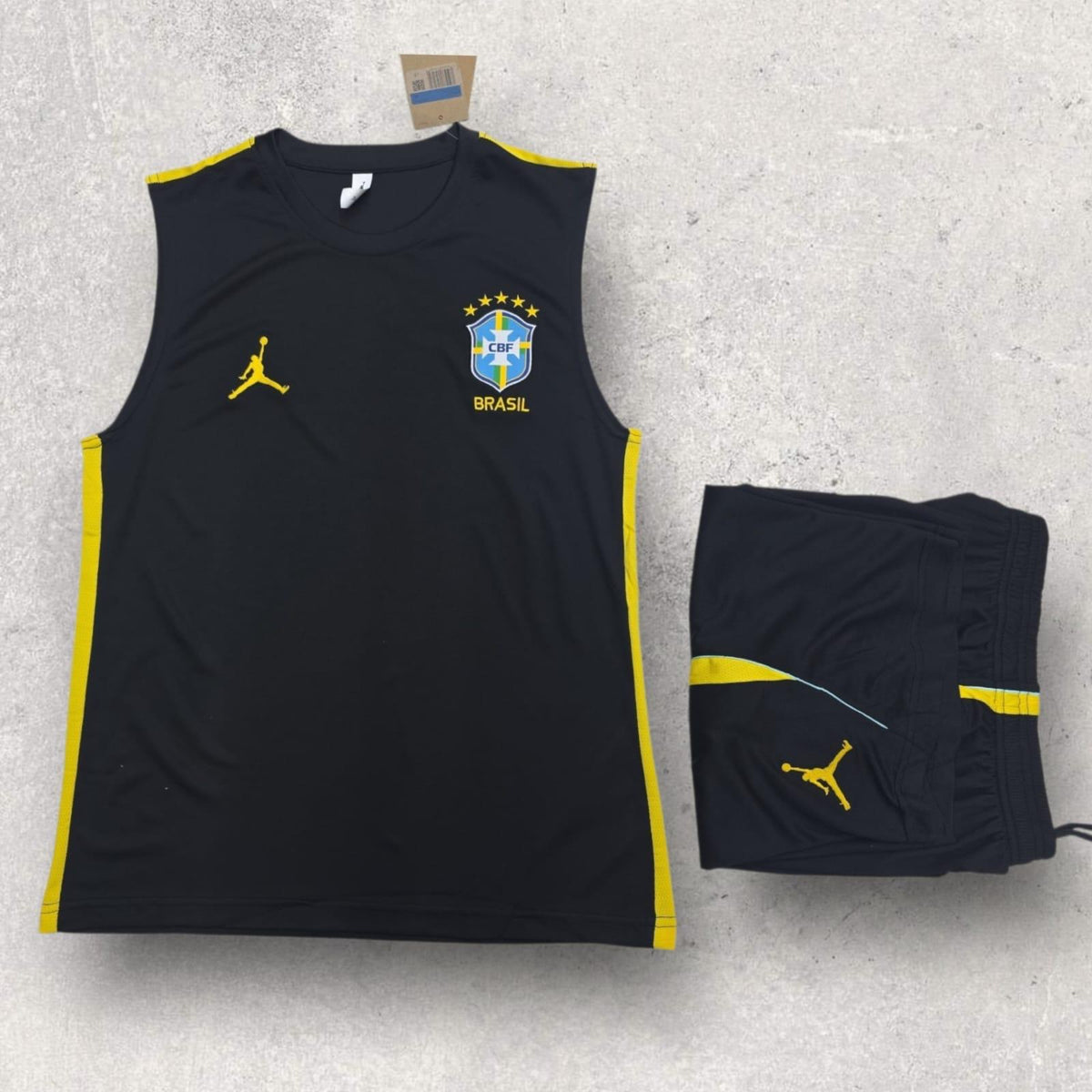 Brazil Black Sleeveless Training Set – Jordan Yellow Trim Vest & Shorts
