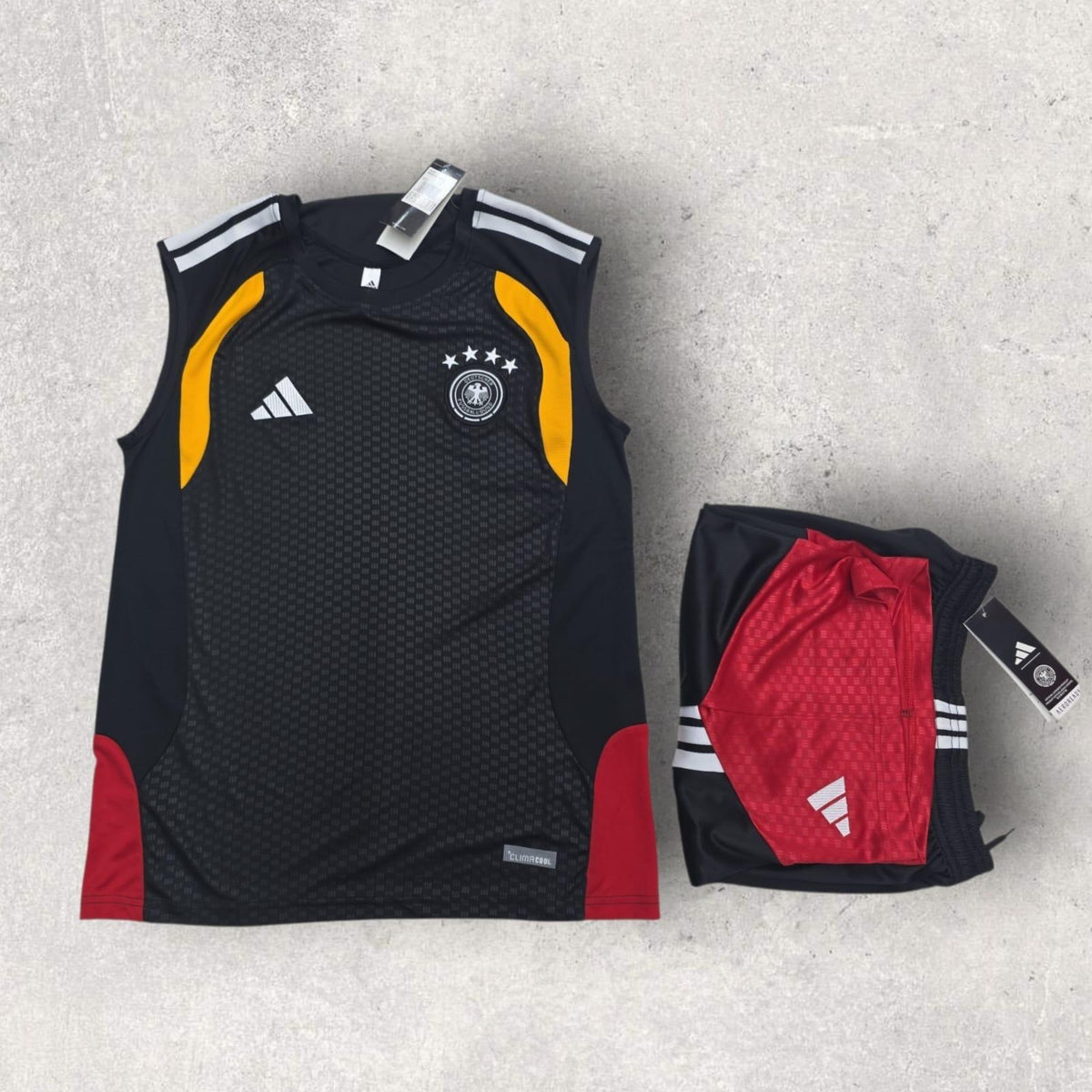 Germany Black Sleeveless Training Set – Red/Yellow Trim Vest & Shorts