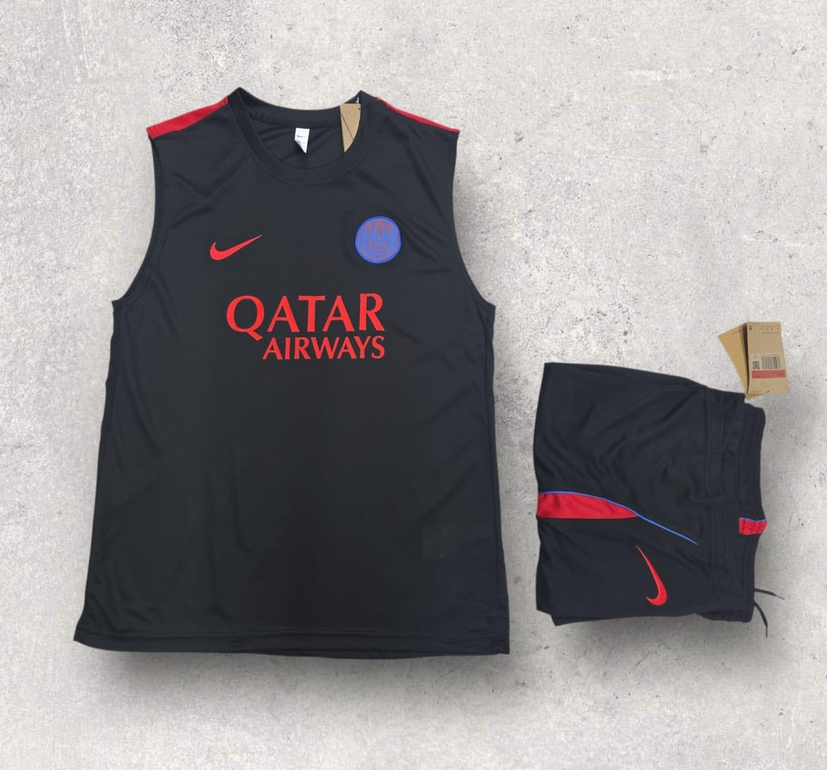 PSG Black Sleeveless Training Set – Qatar Airways Vest & Shorts