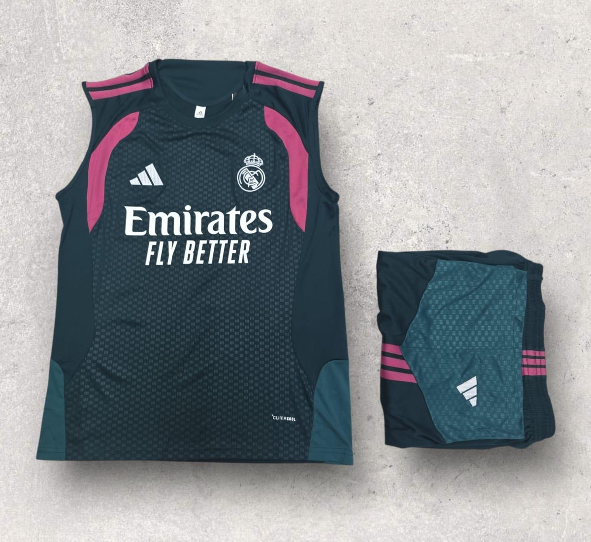 Real Madrid Teal Camo Sleeveless Training Set – Emirates Vest & Shorts