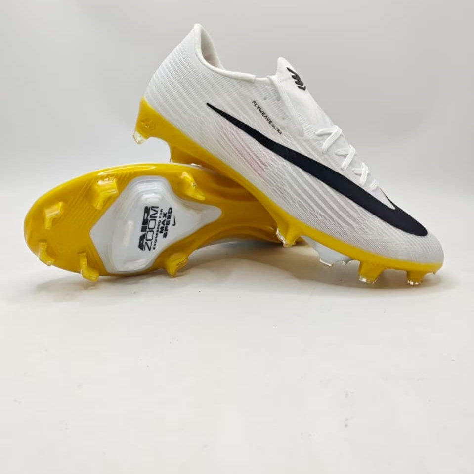 A pair of Nike soccer cleats in white and yellow with a black swoosh, displayed against a light gray background with red text reading '40 to 45' at the top.