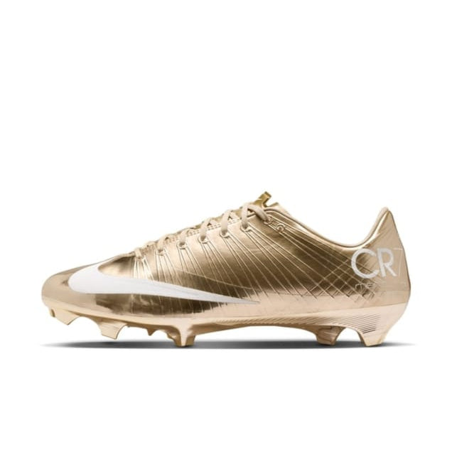 A single metallic gold Nike soccer cleat shown in profile against a white background, with a small white swoosh and 'CR' branding visible on the heel.