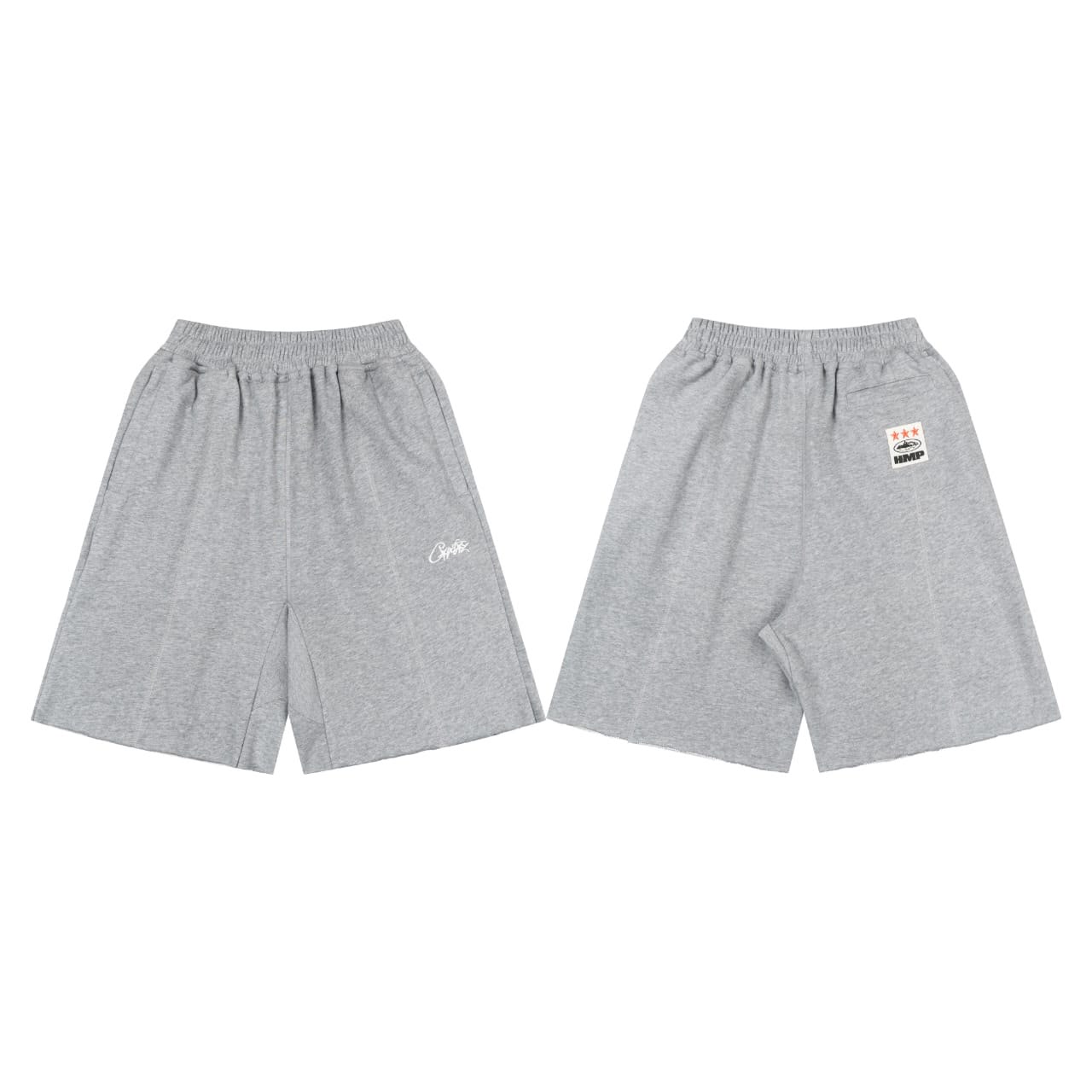 A pair of heather gray athletic shorts shown from both the front and back views on a plain white background. The front view shows a small white script logo on the left leg, while the back view shows a small rectangular brand patch on the right hip.