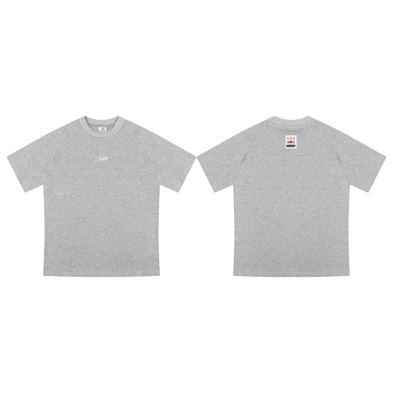 A light gray heather short-sleeve t-shirt shown from both the front and back views against a plain white background.