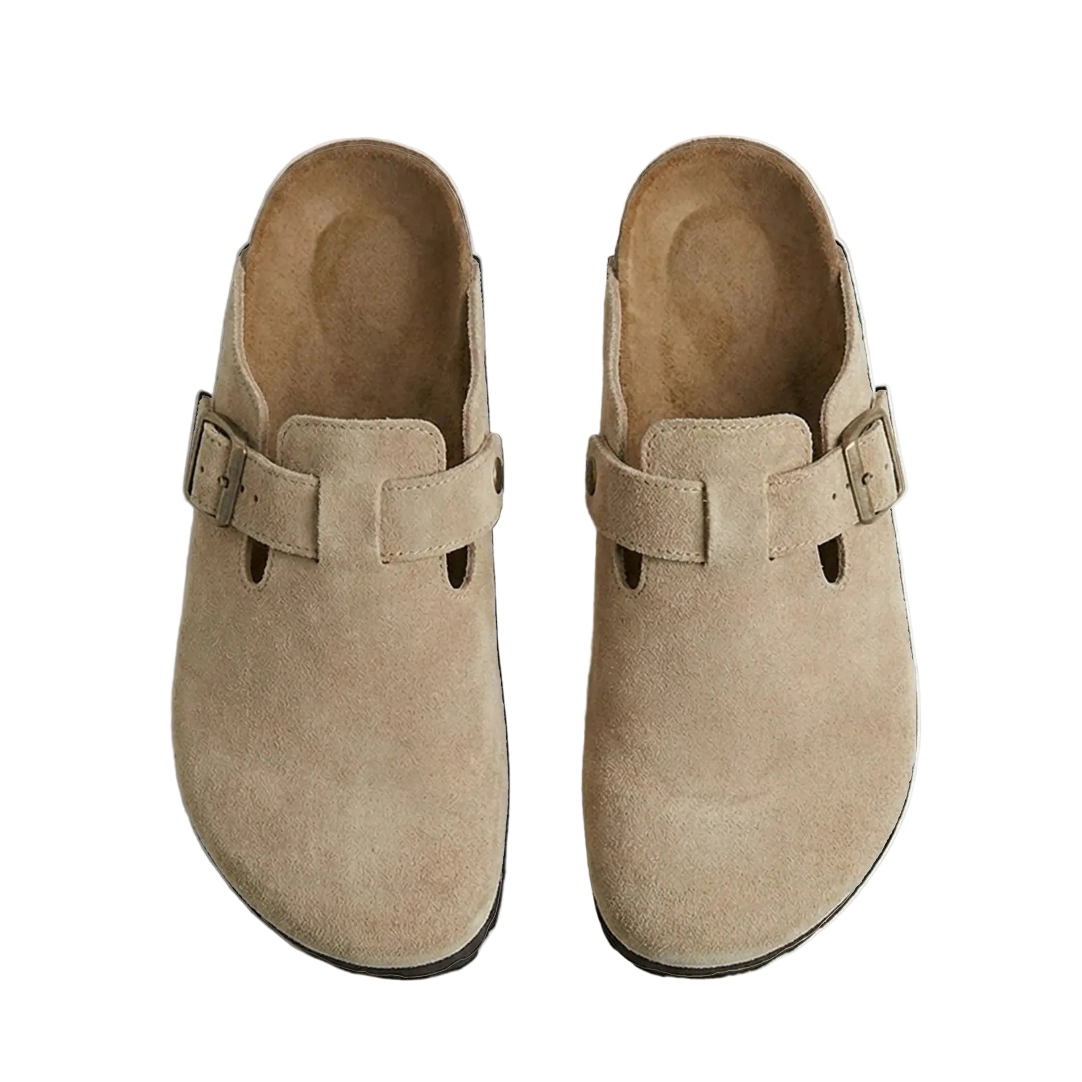 Pair of beige suede clogs on a light gray background