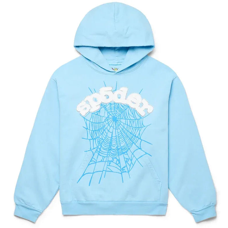 A light blue pullover hoodie featuring a large white 'spiders' graphic and a blue spiderweb design printed on the front, displayed against a plain white background.