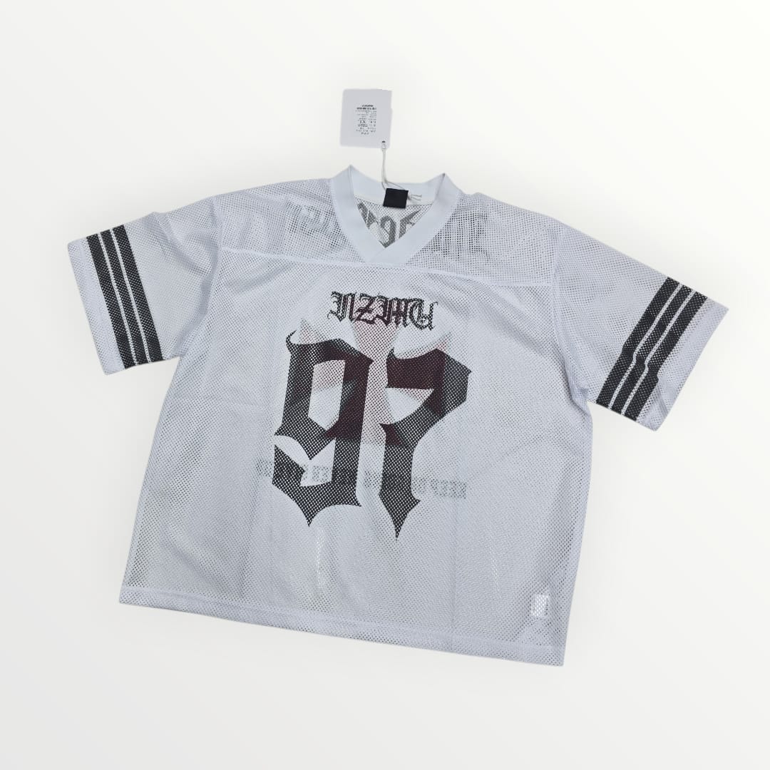 Gray sports jersey with black lettering on a white background