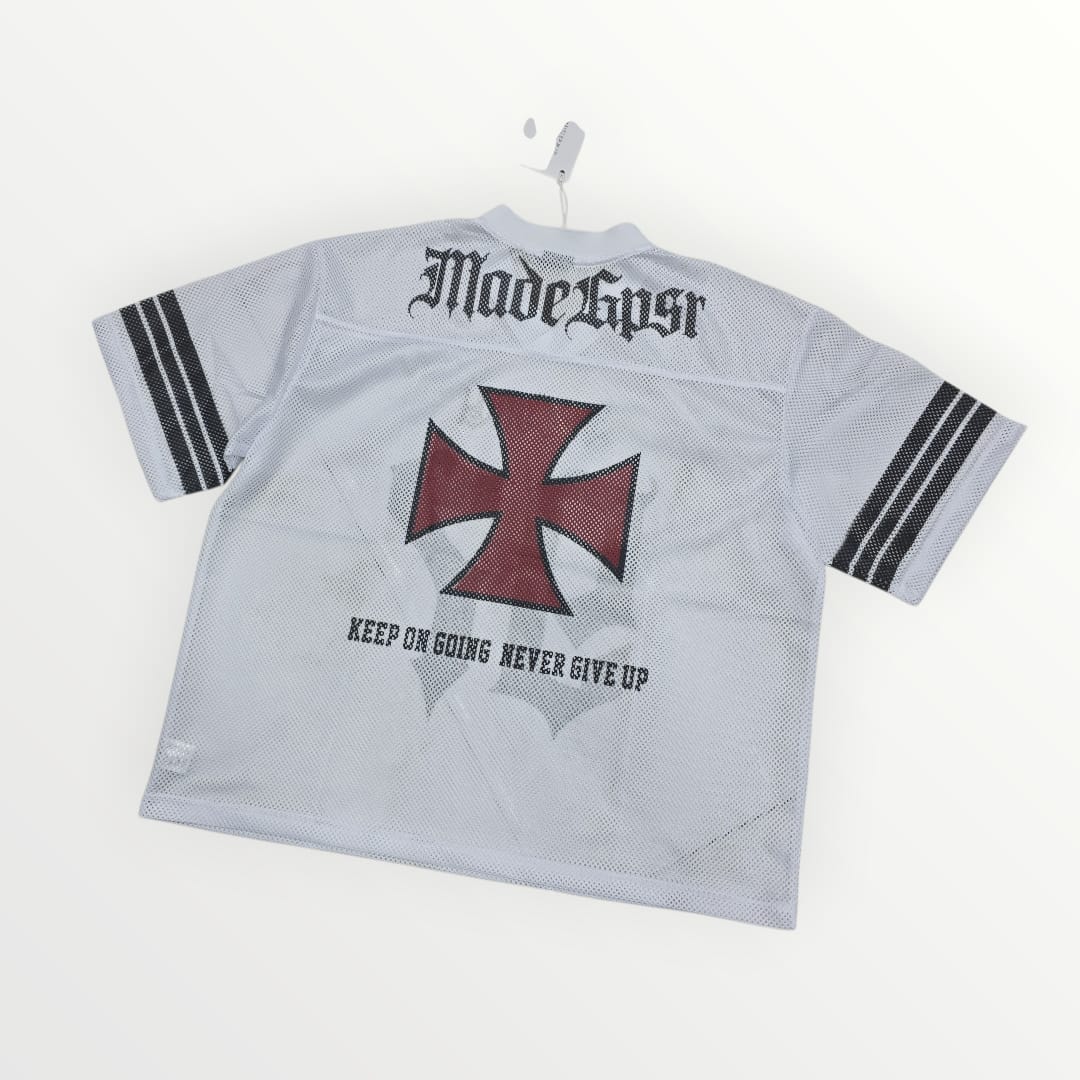 Gray sports jersey with red cross and text on a white background